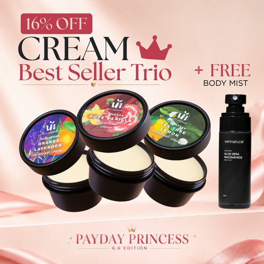 [16% Off] 6.6 Cream Deo Trio - Rose Vanilla + Tea Tree Lemon + Orange Lavender + FREE Body Mist