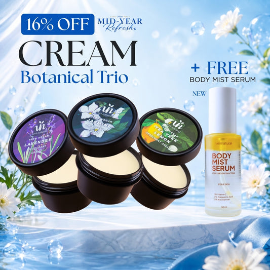 [16% Off] Cream Trio - Jasmine + Tea Tree Lemon + Lavender + FREE Body Mist SERUM