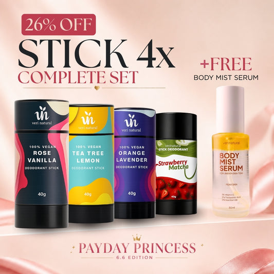 [26% Off] 6.6 Stick Deo 4X - Rose Vanilla + Tea Tree Lemon + Orange Lavender + Strawberry Matcha + FREE Body Mist Serum